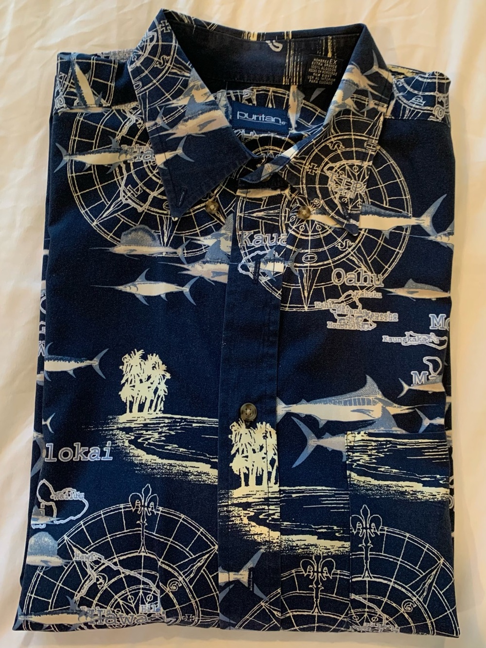 Men’s Puritan Navy Blue and Cream Nautical Print Casual Button-Down Shirt